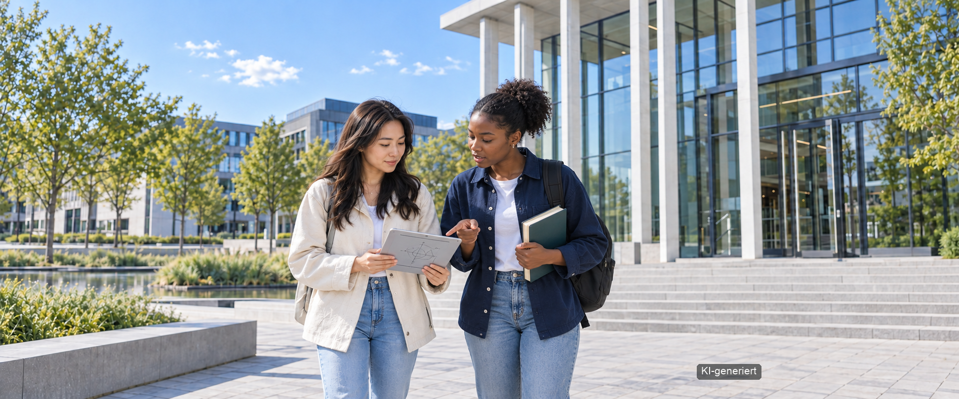 Illustratives Motiv: Zwei Studentinnen besprechen Lernmaterial auf einem Campus